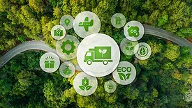 Aerial view of a forest road with sustainable logistics and environmental icons.