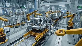 Autonomous factory with robotic arms assembling electric car frames at the factory. 