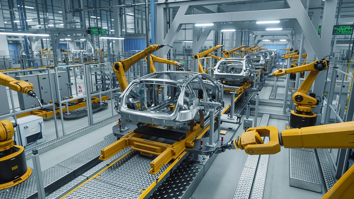 Autonomous factory with robotic arms assembling electric car frames at the factory. 