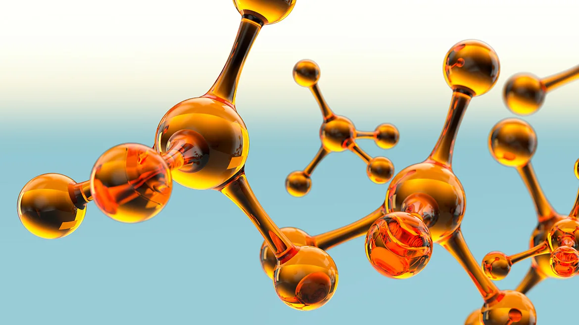 A vibrant 3D animation featuring a complex molecular structure made of a glossy, amber-colored glass material