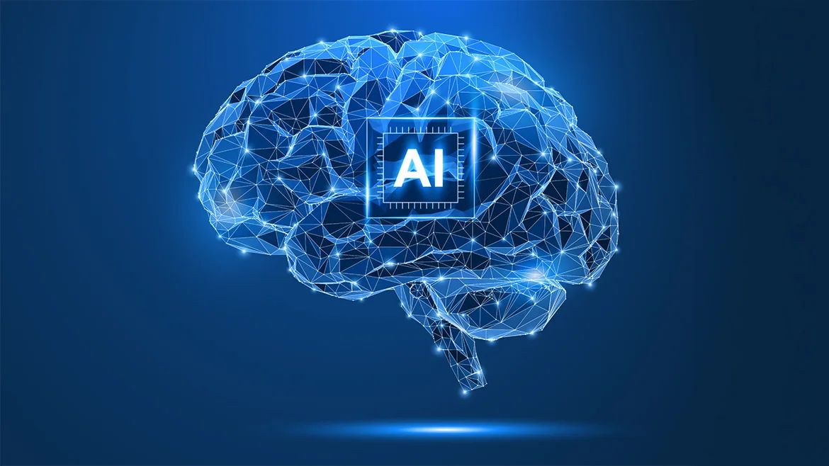 Futuristic AI brain with chip, processor, and circuit in polygon vector design