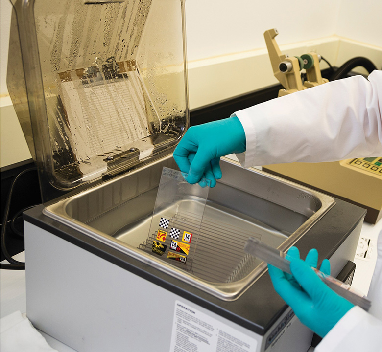 Picture of a gloved man dipping a hazardous chemicals label into testing fluid.