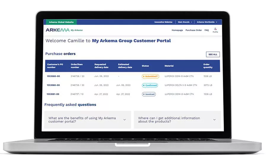 Photo of a laptop with the arkema customer portal displayed