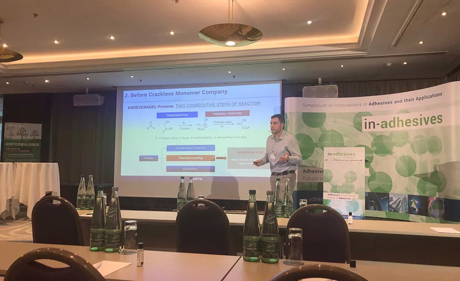 Photo of Arnau Pejoan, Bostik’s Engineering Adhesives R&D team leader, presenting at the in-adhesives symposium.