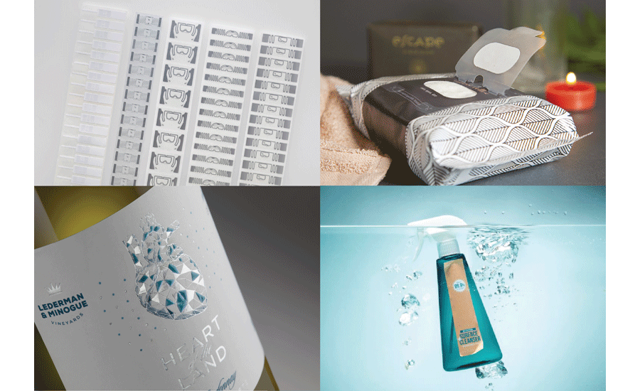 Collage of applications for the products Fedrigoni will feature at Labelexpo Americas.