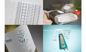 Collage of applications for the products Fedrigoni will feature at Labelexpo Americas.