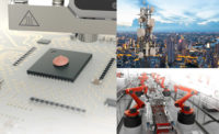 Images of circuitboard manufacturing, robots on a production line, and a cell tower