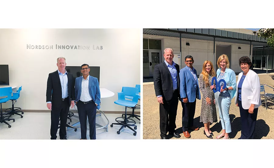 Two photos of the ribbon-cutting ceremony for the Nordson Innovation lab at California State University at San Marcos