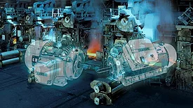 blue and orange image of the severe duty motor rendered over an industrial interior