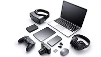 Image electronic products.jpg Image of computer, headphones, camera and other electronics