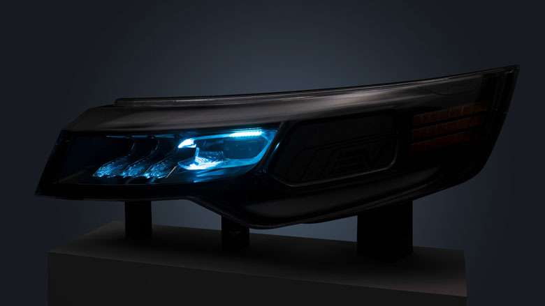 Photo of an automotive headlight with blue light