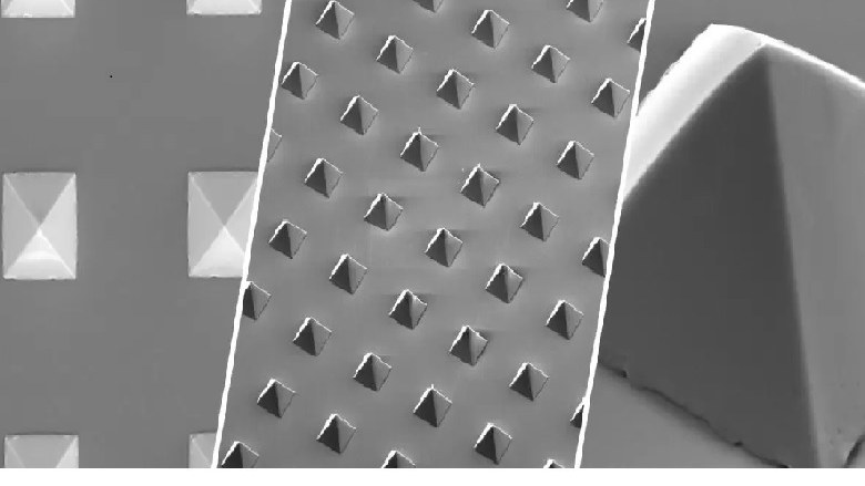 Three views of polymer pen arrays used to study mechanochemical reactions.