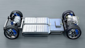 Picture of an electric vehicle battery pack on four wheels