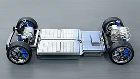 Picture of an electric vehicle battery pack on four wheels
