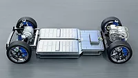 Picture of an electric vehicle battery pack on four wheels