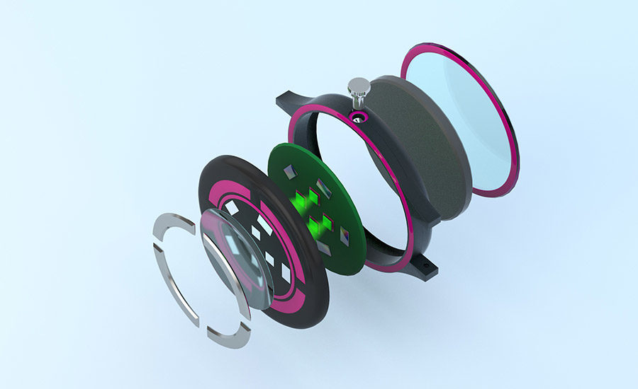 Exploded view of biosensor electrode with adhesive application regions highlighted in magenta.