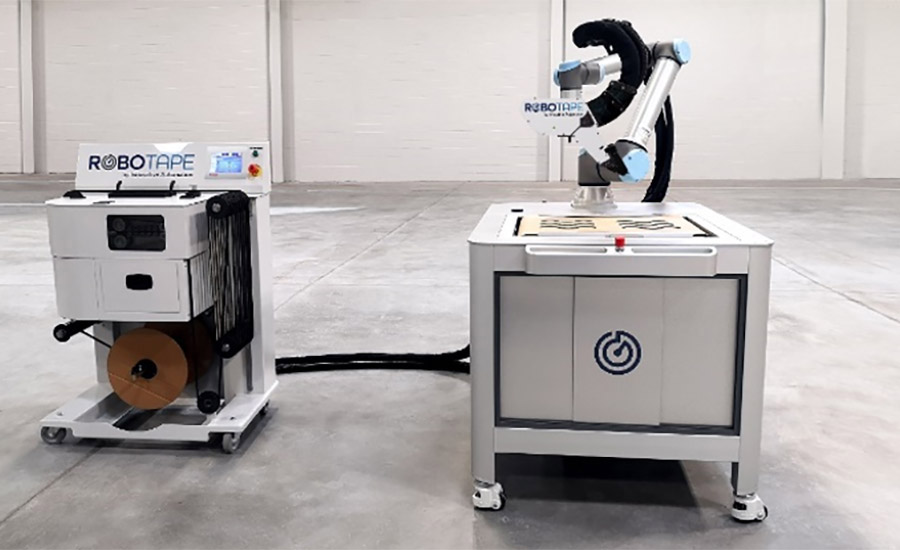 RoboTape's versatility flows from a decision early on to distance the tape supply (left) from the robot (right). The payout can accommodate large 1,800m (5,900 feet) spools. Production does not have to stop when changing to a new spool.