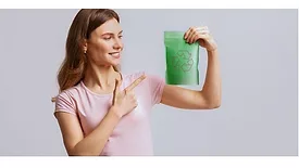 Woman holding a laminated adhesive package.