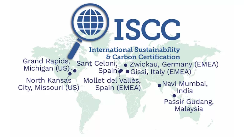 Picture of a world map with Arkema sites with ISCC PLUS certifications