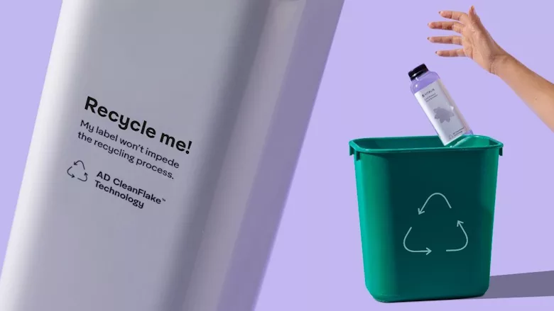 Picture of a plastic bottle and a bottle in a recycling bin