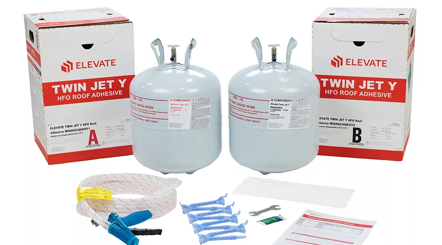 Elevate Twin Jet Y is the first FM-approved spatter-applied adhesive in a canister.