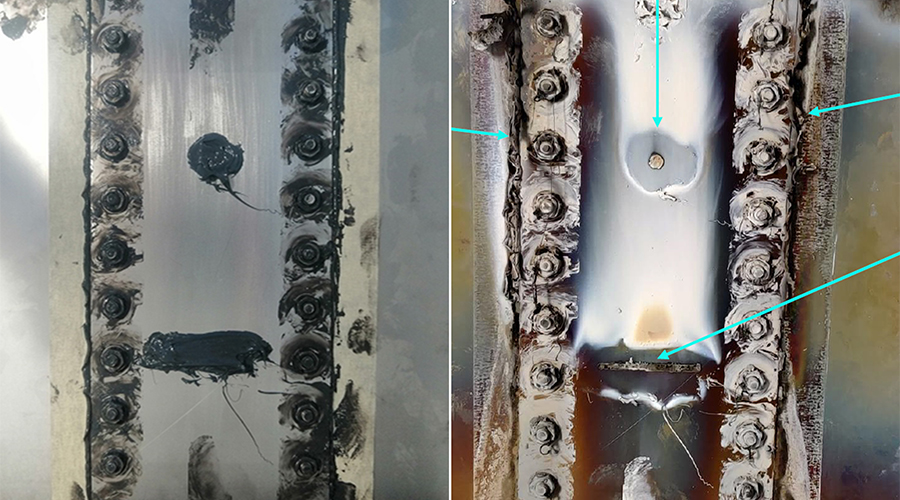 Left image shows cold-side before exposure; right image shows cold-side self-ignition after exposure.