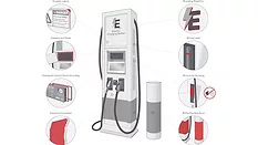 Drawing of an EV charging station with images showing where adhesive tape can be used