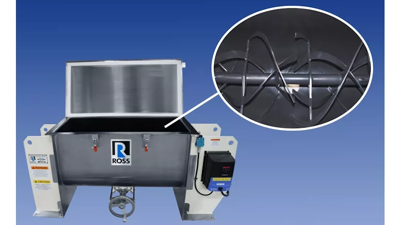 Picture of a ribbon blender and the inside of the vessel with PFA coating