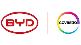 Picture of BYD's red logo and Covestro's rainbow logo.