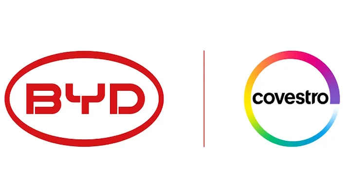 Covestro and BYD logos Picture of BYD's red logo and Covestro's rainbow logo.