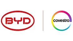 Covestro and BYD logos Picture of BYD's red logo and Covestro's rainbow logo.