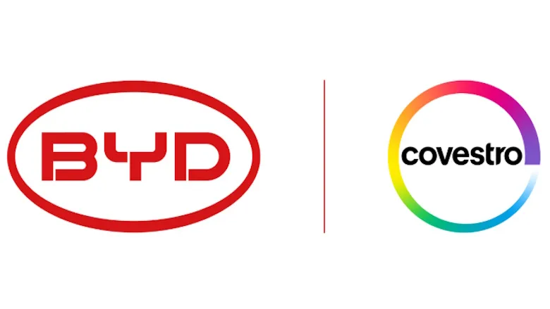 Picture of BYD's red logo and Covestro's rainbow logo.