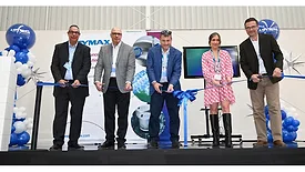 Picture of four men and one woman cutting a blue ribbon
