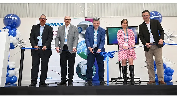 Picture of four men and one woman cutting a blue ribbon