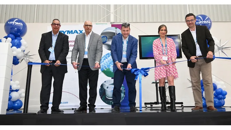 Picture of four men and one woman cutting a blue ribbon