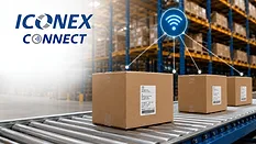 Iconex Connect linerless RFID label Picture of packages on a conveyor belt