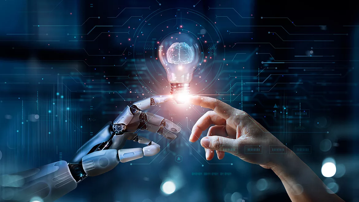 A robot and a hand touching a light bulb