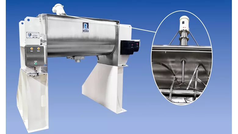 Picture of a large blender and a closeup of mixing blades 