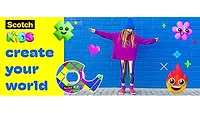 Brightly colored picture of a child standing next to a wall with a roll of tape