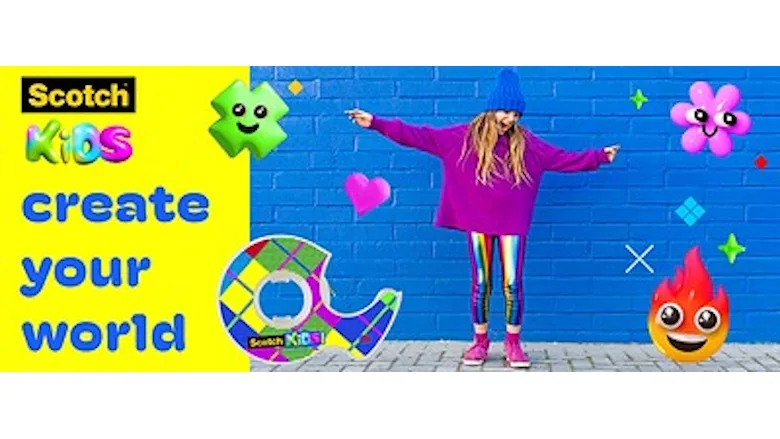 Brightly colored picture of a child standing next to a wall with a roll of tape