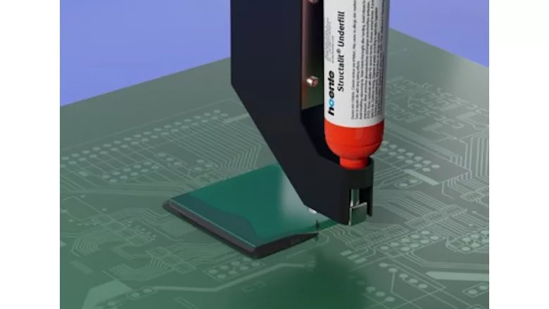 Structalit 8205 underfill from Hoenle Picture of an adhesive being dispensed