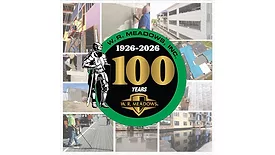 A 100 years medallion superimposed over images of WR Meadows product in use