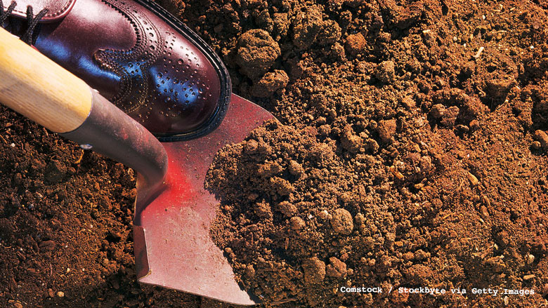 Photo of shoe on shovel breaking into dirt